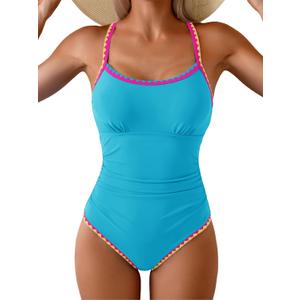 Eomenie Women's One Piece Swimsuit Tummy Control Slimming Bathing Suit Ruched Swimwear Tie Back Shell Stitch Swim Suit, M