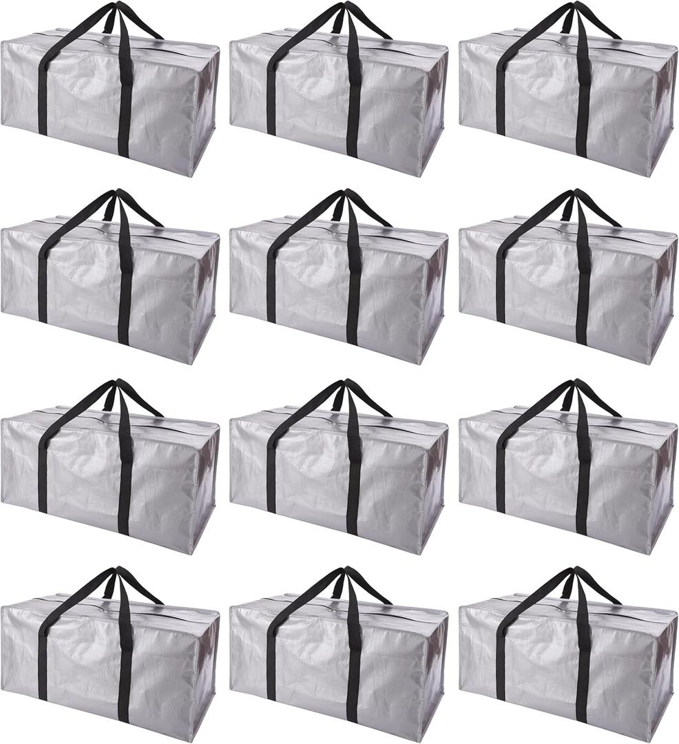 PANDA JOYS Extra Large Moving Bags with Zippers & Carrying Handles, Heavy-Duty Storage Tote for Space Saving Moving Storage, Fold Flat, Alternative to Box and Bin - 12 Pack, Silver