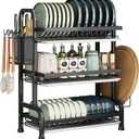 KUK 3 Tier Dish Drying Rack, Stainless Steel Over The Sink Dish with Drain Tray, Kitchen Dishes Drying Racks, Dish Racks for Kitchen Counter Storage (Black)