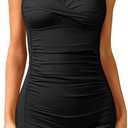 Tempt Me Women Black Tummy Control One Piece Swimsuits Boyleg Athletic Bathing Suit Halter Ruched Swimwear M