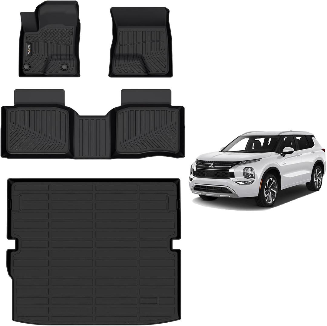 AIPOIL Floor Mats & Cargo Liner Set for 2023-2024 2025 Mitsubishi Outlander PHEV (Not for Sport Models) TPE All Weather Protection Anti-Slip Automotive Floor Liners Full Set Accessories, Black.
