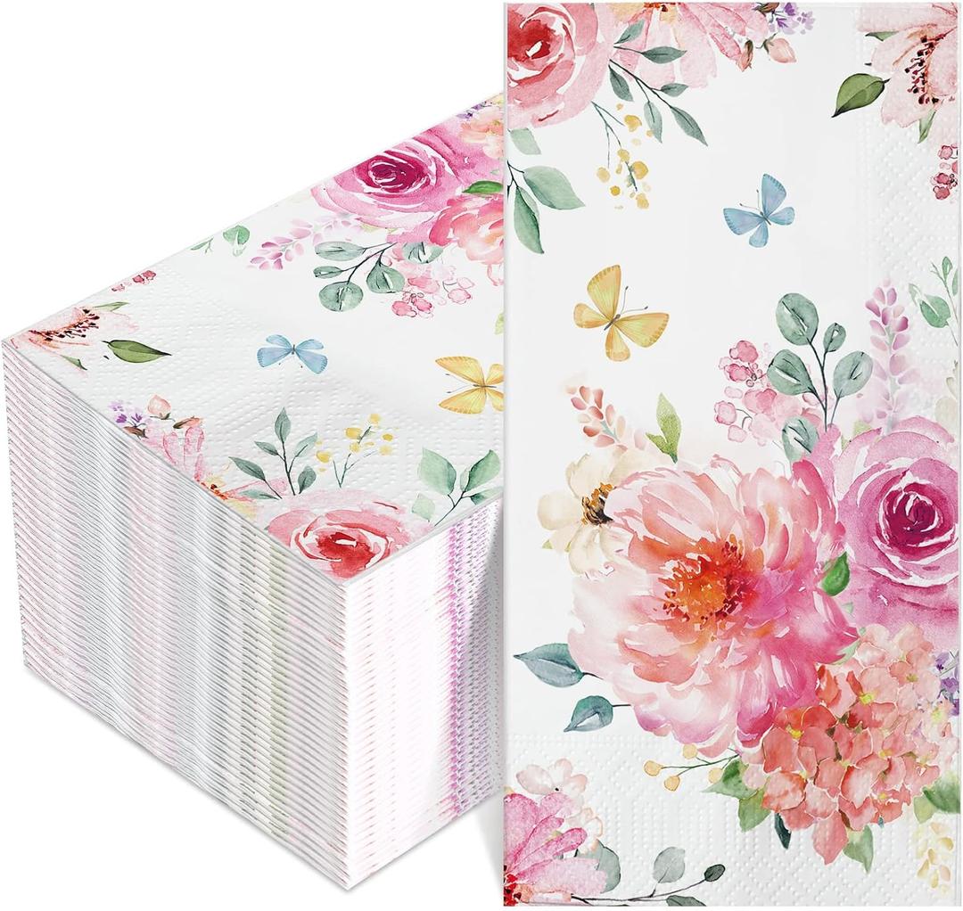 Tatuo 100 Pcs Floral Guest Napkins 3 Ply Watercolor Flower Dinner Paper Napkins Decorative Disposable Paper Hand Towels for Wedding Birthday Baby Shower Bridal Shower Tea Party Decor (4 x 8 Inch)