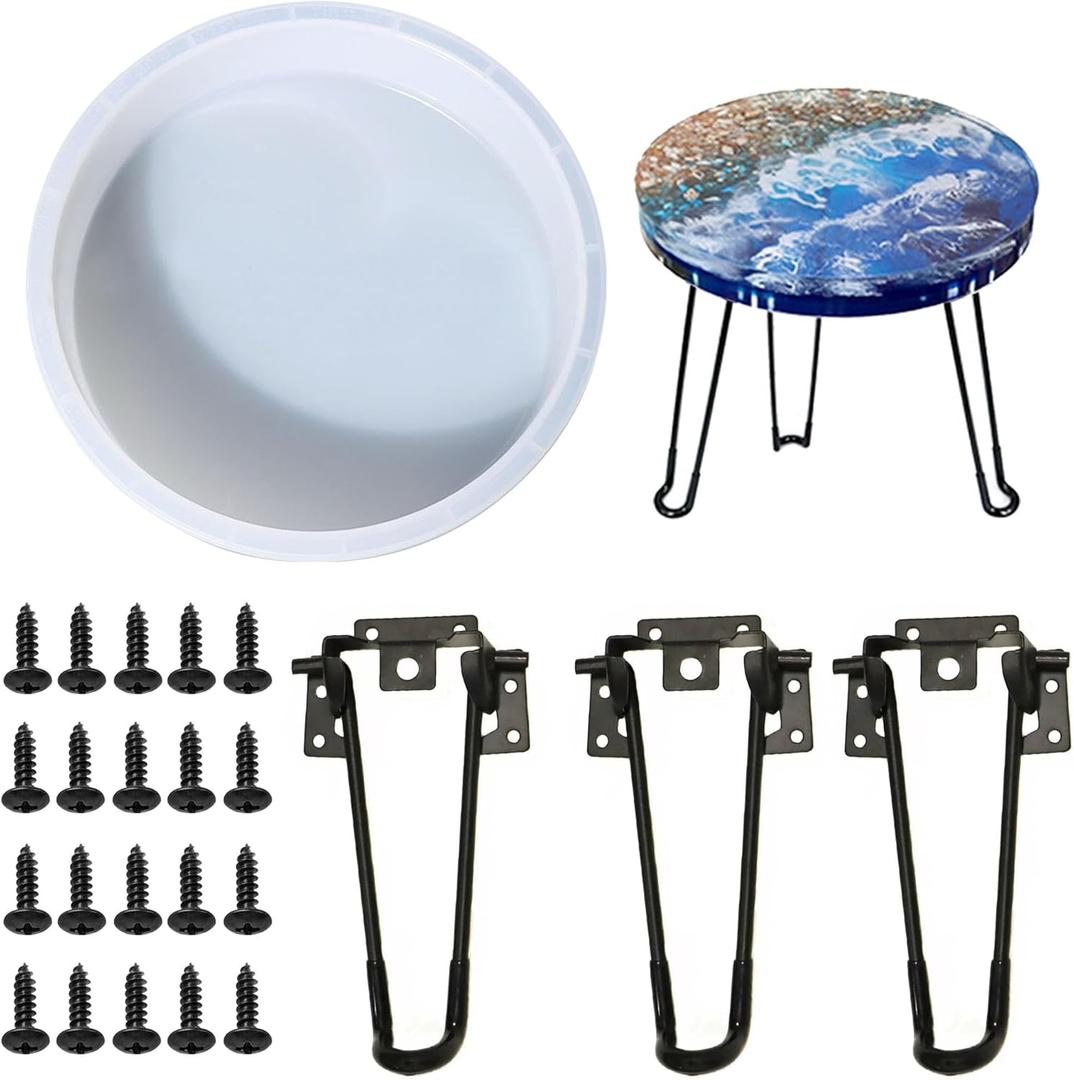 Resin Table Molds, Large Round Silicone Molds with 3 PCS Hairpin Legs for Riverside Table, Coffee Table, Resin Artwork, Home Decoration (11 INCH)
