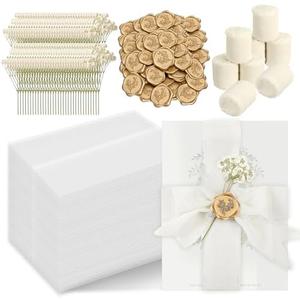 Wedding Invitation Accessories Kit, Pre-Folded Vellum Jackets for 5×7 Invitations with Wax Seal Stickers, Ribbon & Dried Flowers, Elegant Wedding Invitation Accessories for DIY Bridal Invites (Off-White, 50)