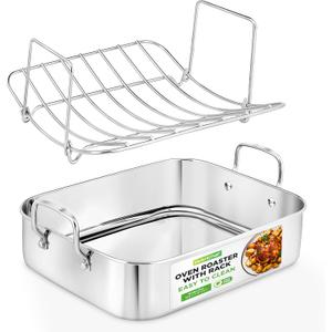 Nutrichef Stainless Steel Roasting Pan with Rack  Oven Roaster w/ Riveted Handles for Turkey Chicken, Meat & Veggies  Non Toxic Material for Healthy Cooking, Easy to Clean, Dishwasher & Oven Safe
