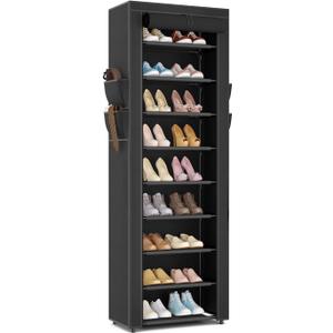 LANTEFUL Narrow Shoe Rack with Cover 10 Tier Tall Shoe Rack Organizer Large Capacity Shoe Shelf Storage 18-22 Pairs Space Saving Free Standing Shoe Storage Organizer for Closet, Entryway, Dorm, Black