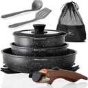 Kitchen Academy Removable Handle Induction Pots and Pans Set - 10 Piece Non-stick Cookware Sets, Black Granite Stackable RV Cookware for Camp