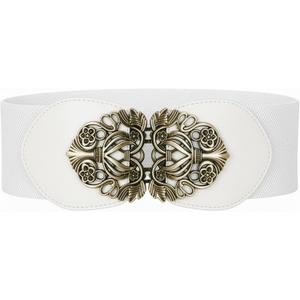 BlackButterfly 3 Inch Wide Waspie Elastic Vintage Buckle Waist Belt (White, XXL)