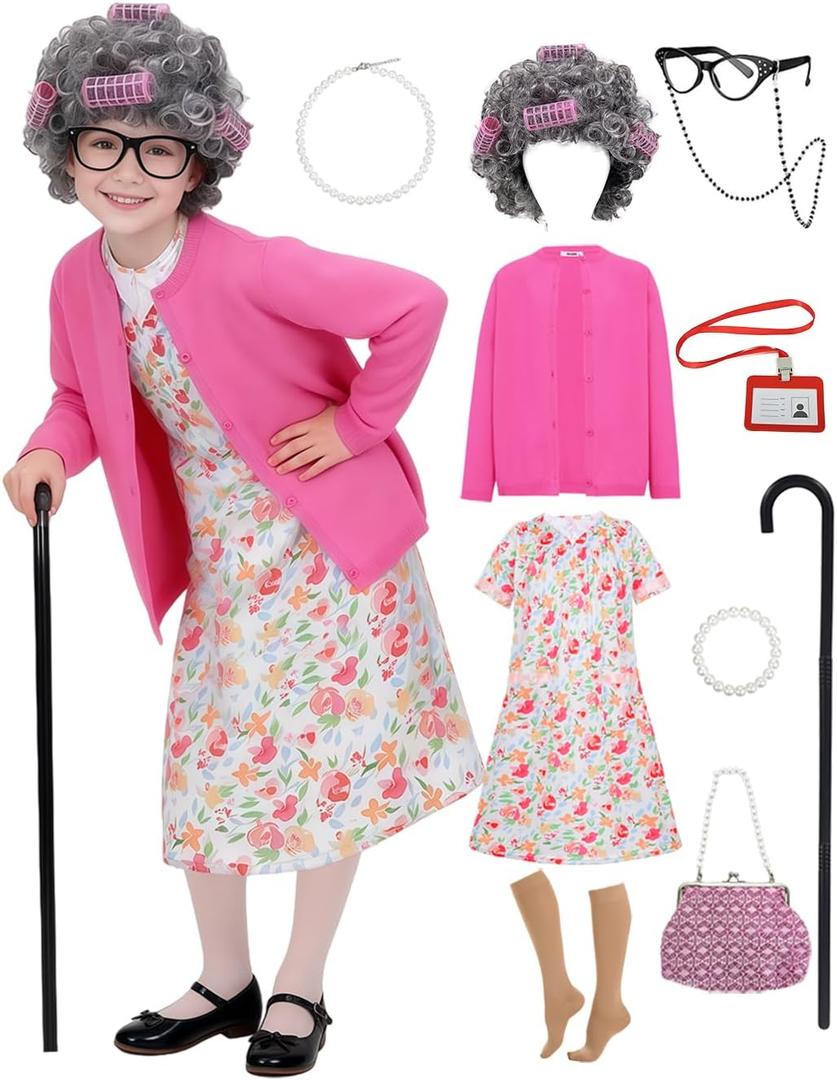 17pcs Old Lady Costume for Kids Girls 100 Day of School Costume Girls Grandma Costume Dress Up with Accessories (3-5 Years)