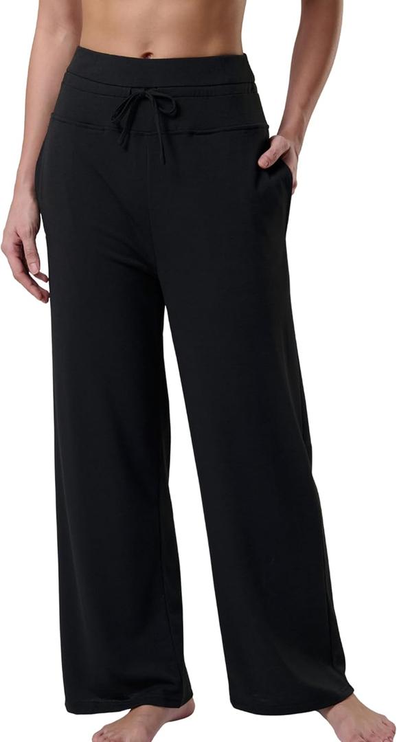 Liberty Pro Womens High-Waisted Ankle-Length Lounge Pants, 26 Inseam Wide Leg Drawstring Casual Bottoms with Pockets (Black, M)