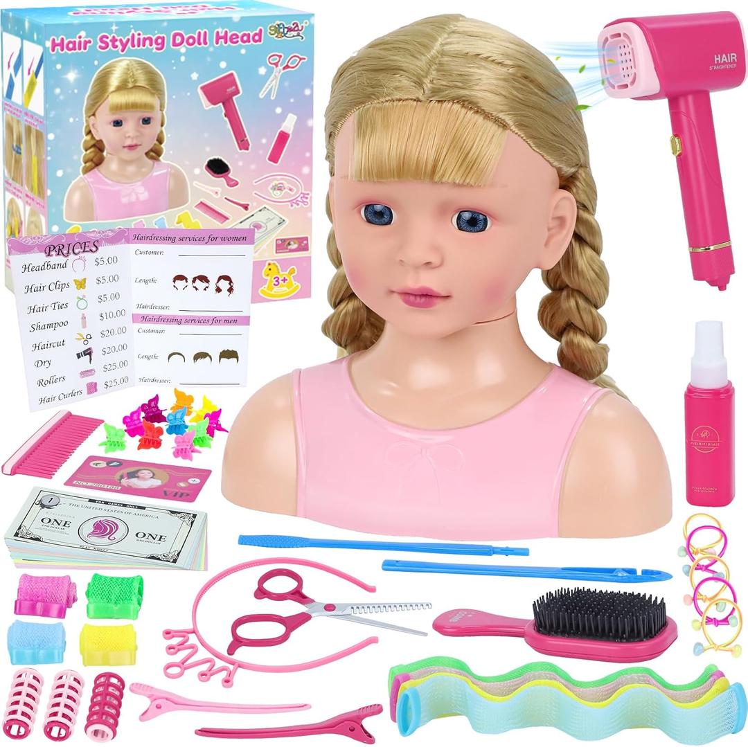 Doll Head for Hair Styling Kids, Pretend Play Hair Salon Toys for Girls with Hairdryer Hair Accessories, Princess Birthday Toys Gifts for 3 4 5 6 7 8 Years Old