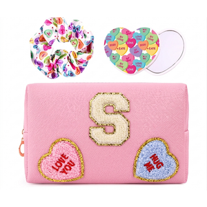 Initial Makeup Bag with Mirror & Hair Scrunchies, Personalized Monogram Custom Cosmetic Bag Travel Toiletry Pouch, Birthday Gifts for Her Women Bridesmaid Teacher (S), 2 Pack