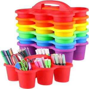 6 Pack Classroom Caddy Organizer with Handle Colorful Plastic Table Caddy Drink Cup Caddies Holder 1293.5 Inches Storage School Supplies 6 Compartments for Table Crayon Pencil Cup Marker Craft
