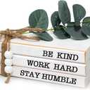 3 Pieces Wooden Decorative White Books, Rustic Farmhouse Faux Books for Coffee Table Shelves with Wood Bead Tassels and Leaves, 7'x 4.6'x 2.5' (Be Kind, Work Hard, Stay Humble)