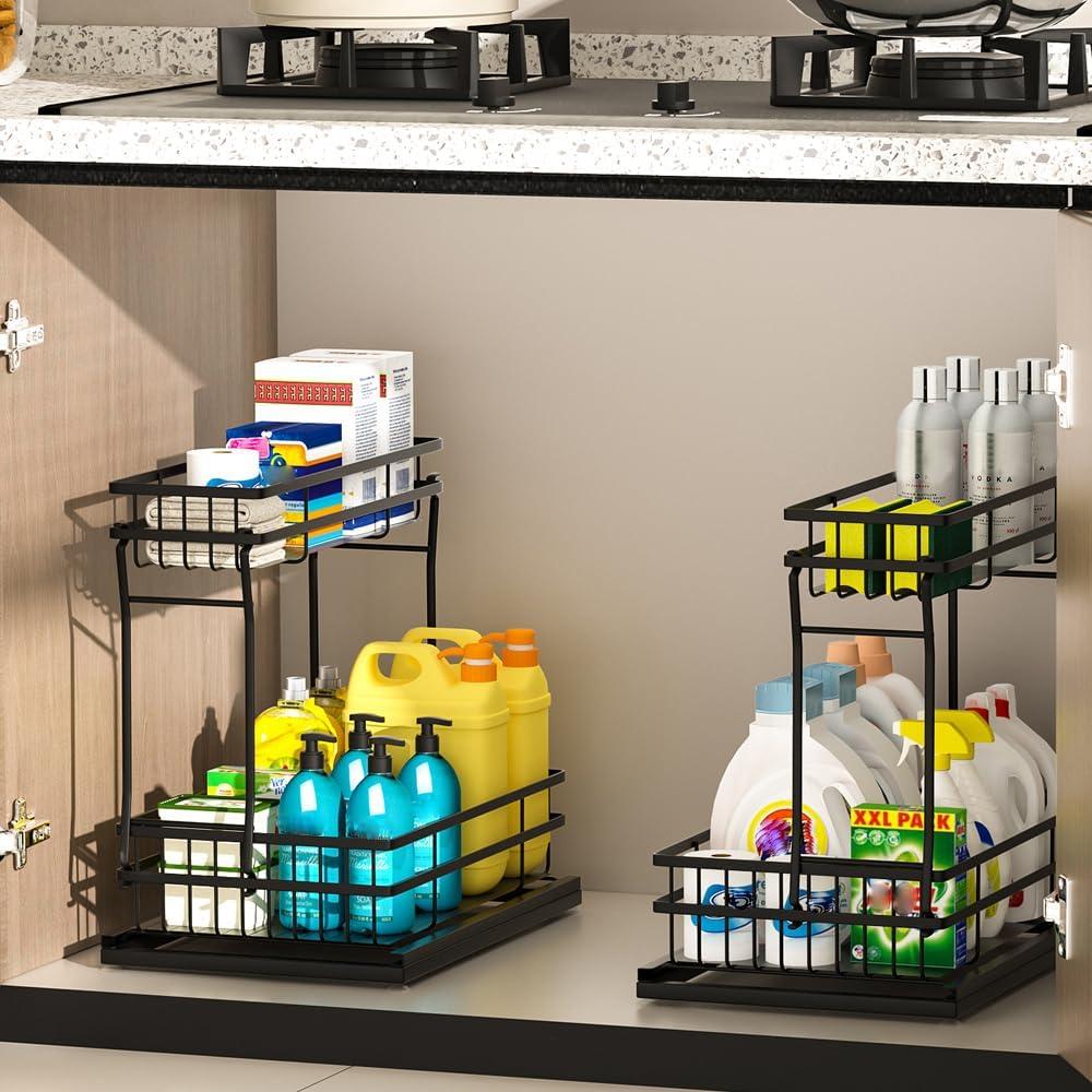 2 Pack Under Sink Organizers and Storage, 2 Tier Pull Out Cabinet Organizer, Metal Sliding Drawer Storage for Kitchen BathroomBlack