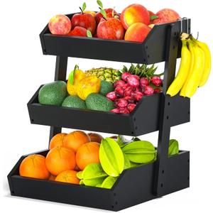 Bamboo Fruit Basket for Kitchen  3 Tier Fruit Bowl For Kitchen Counter, Large Fruit Holder With 2 Banana Hangers, Idea For Fruit and Vegetable Storage, Bread Basket, Snack Organizer(BLACK)