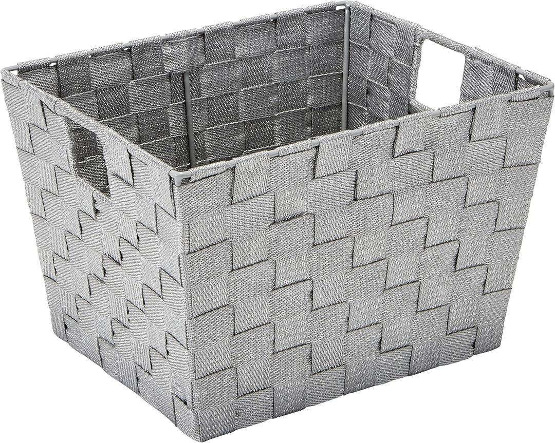 Simplify Medium Metallicx Striped Woven Storage Bin in Grey/Silver