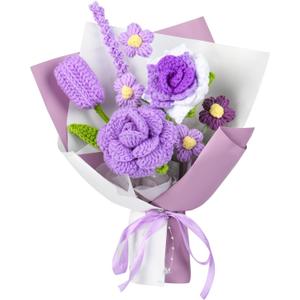 Crochet Flower Bouquet, Crochet Flowers Purple Tulip Rose Handmade Knitted Bouquet for Birthday Graduation Wedding Gift for Women Girlfriend Lover Wife Decor (Purple)