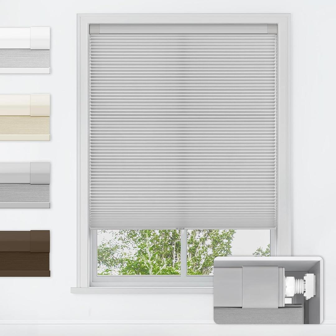 LazBlinds No Tools No Drill Cordless Cellular Shades, Light Filtering Honeycomb Shades for Home, Thermal Insulation Blinds for Windows, 24" W x 48" H, Grey