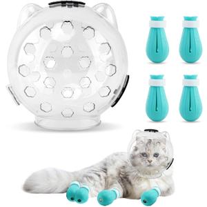 Breathable Cat Muzzle with Anti-Scratch Silicone Boots, Adjustable Transparent Helmet & Grip Socks for Grooming, Vet Visits, and Nail Trimming(Size:M)