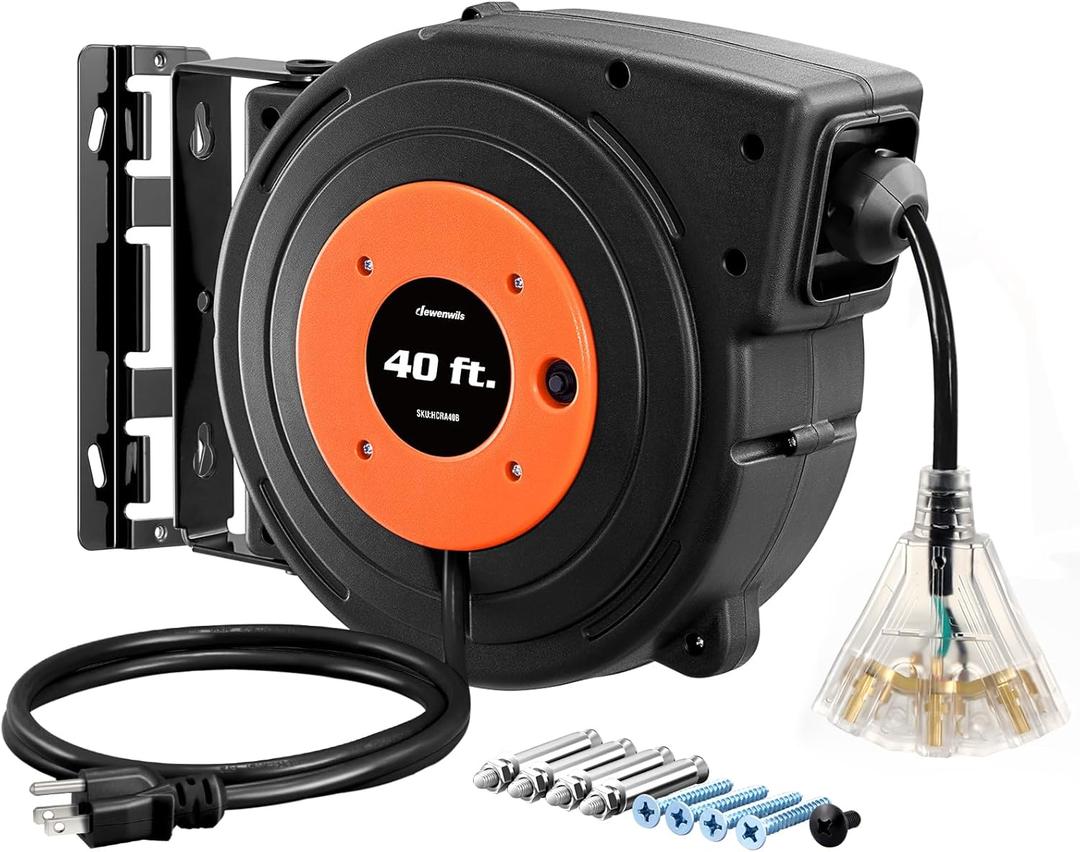 DEWENWILS Retractable Extension Cord Reel, 40 FT Heavy Duty Power Cord, 12AWG/3C SJTOW, 3 Grounded Outlets Lighted Triple Tap, 15 Amp Circuit Breaker, UL Listed