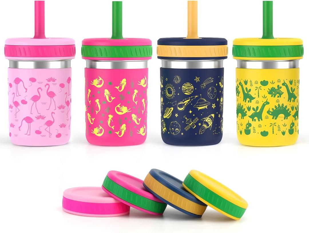 Sursip 15 oz Toddler Kids Cups with Lids and Straws, Stainless Steel Toddler Spill Proof Sippy Cups (4 Pack-Pink/Mermaid Seaweed/Galactic Sky/Dino)