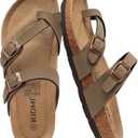 KIDMI Women's Cork Footbed Sandals with Toe Loop, Comfortable Summer Slip-On Slides with Adjustable Buckle, Brown 39