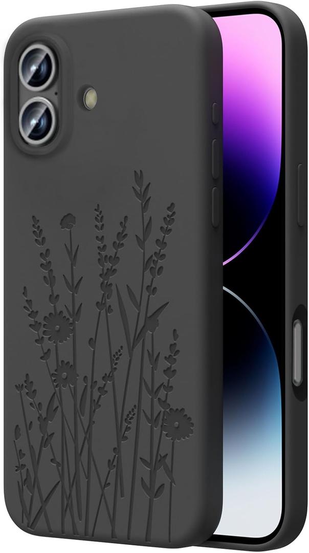 Magnetic Engraved Case Compatible with iPhone 16 Case, Compatible with Magsafe, Camera All-Round Protection, Slim Liquid Silicone Phone Case for Women Girls, Black Flower