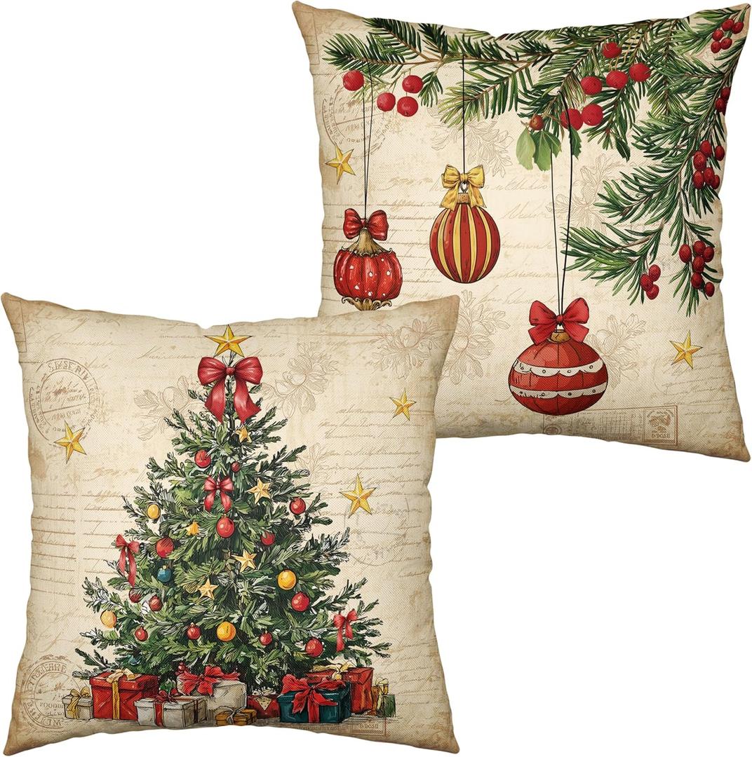 Kwlegh Retro Christmas Pillow Covers Xmas Tree Vintage Decorative Throw Pillow Covers 18x18 Set of 2 Pine Tree Holly Berry Pillow Case Cushion Case for Holiday New Year Decoration Couch Sofa