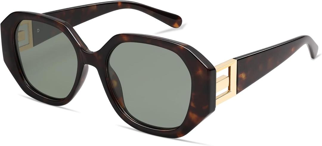 AMOMOMA Oversized Hexagonal Sunglasses for Women, Fashion Womens sunglasess Designer Shades 70s UV400 Polarized AM6646 (Tortoise/Green)