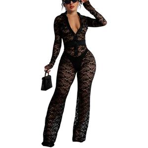 See Through Black Floral Lace Jumpsuit for Women Evening Party Sexy Bodycon Long Sleeve Long Skinny Clubwear Jumpsuits Button Down(XX-Large)