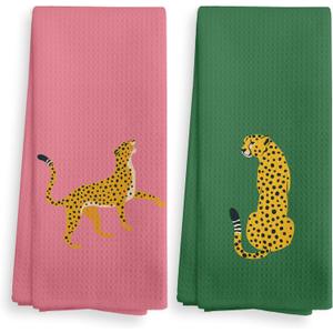 Hot Pink Green Preppy Leopard Kitchen Towels and Dishcloths Set of 2, Girls Bathroom Decor Cheetah Hand Towels, Modern Art Drying Cloth Hand Towels for Dorm Bathroom Kitchen Decor, 1624 Inches