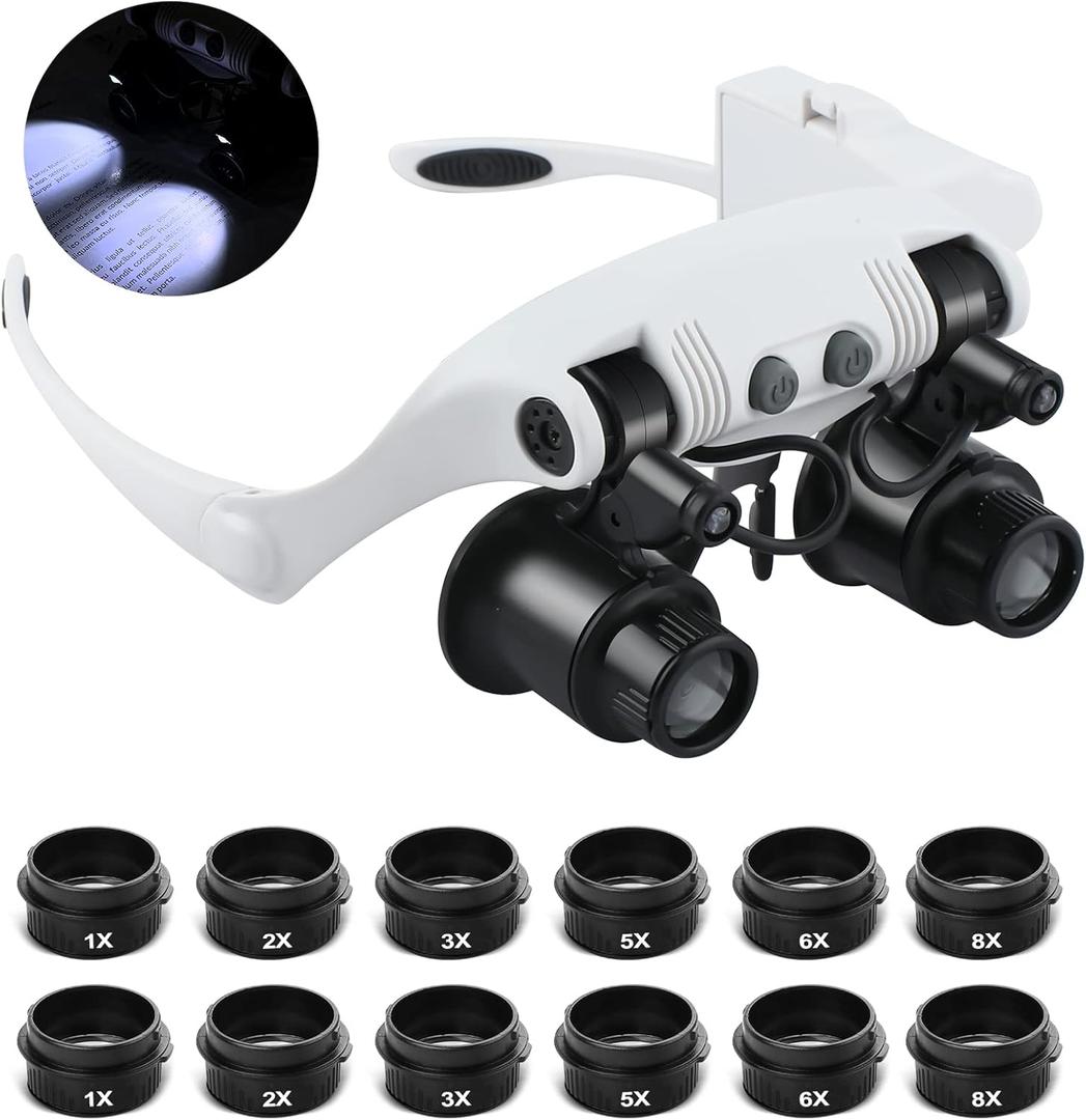 Hands Free Head Magnifying Glasses, Magnifier with Light, 1X, 2X, 3X, 5X, 6X, 8X, Ideal for Jewelry, Eyelash Extensions, Soldering, Craft, Cross Stitch