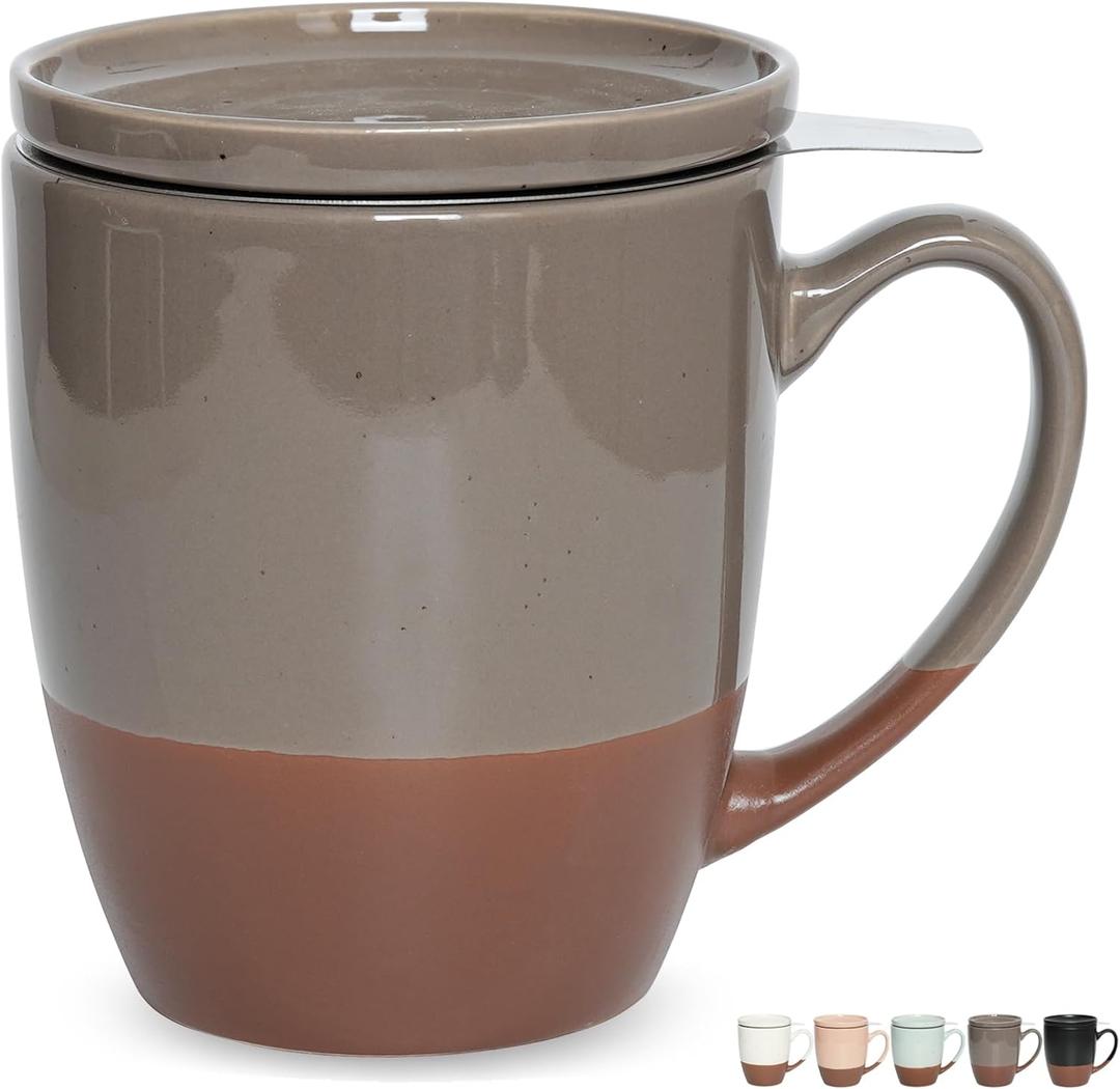 Bosmarlin Ceramic Tea Cup with Infuser and Lid, 16 Oz, Steeping Tea Mug with Strainer, Dishwasher and Microwave Safe (Grey) (Gray)