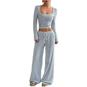Floerns Women's 2 Piece Outfit Striped Square Neck Long Sleeve Crop Tops and Pants Set (Black, S)