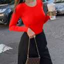 REORIA Womens Long Sleeve Bodysuits Fall Basic Round Neck Lightweight Double Lined Layering Slim Body Suit Tops (Red, L)