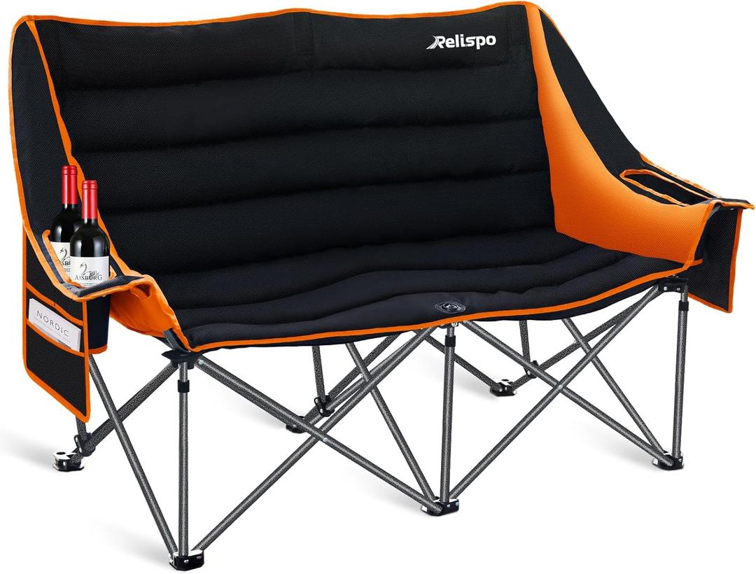 Camping Chairs Oversized Camping Chair Portable Double Camping Chair for Adults Heavy Duty Folding Chair Support 700LBS with Cup Holders & Large Side Organizer Pockets for Camping/Car Trunk/Campfires (Thick Orange)