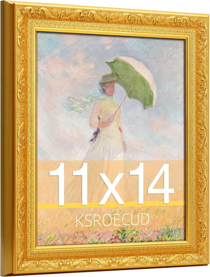 11x14 Picture Frame, HD Real Glass 11x14 Ornate Vintage Photo Frame, 11 by 14 Oil Painting Poster Frame with Gold Border and Distressed Rust-Like Finish, Horizontal & Vertical Display for Tabletop or Wall Decor (1 Pack）