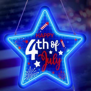 Patriotic Star Door Sign Happy 4th of July Wood Door Hanger 11 Inch Red White Blue Door Hanging Decorations USB Powered Independence Day Wreath Wall Neon Lights for Home Window Porch
