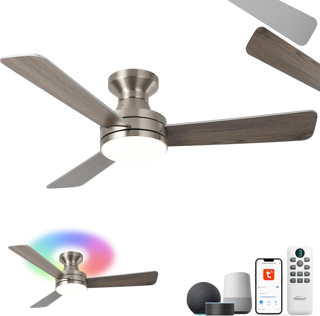 42" RGB Ceiling Fan with Light, Music Sync Smart Fan with Alexa/Google/App Control, Low Profile Flush Mount, 6-Speed Quiet DC Motor, 4 CCT Dimmable Lighting for Bedroom Living Room