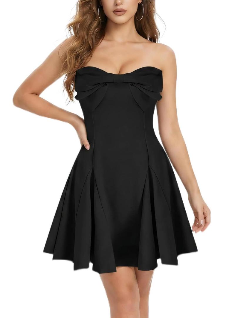 Rosegalette Women’s Strapless Bowknot Mini Dress – Sexy Elegant Solid Color Fit & Flare Bandeau Cocktail Party Dress,Black,S (S)