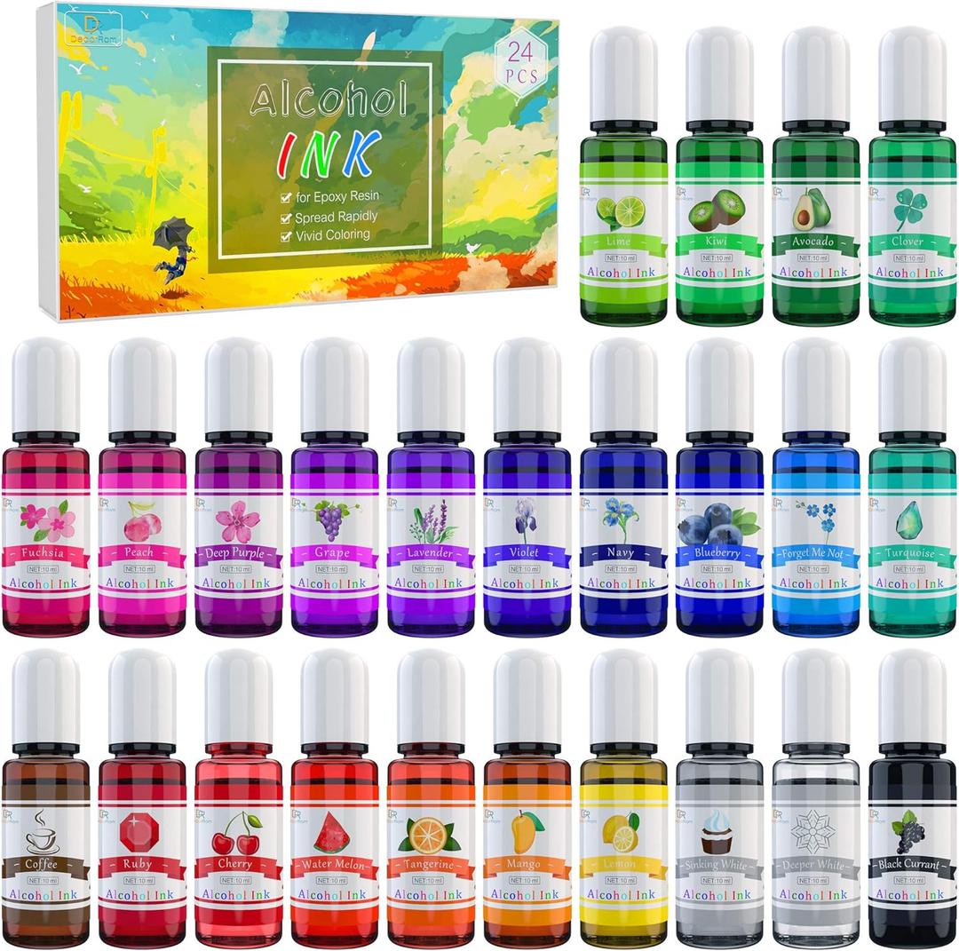 Alcohol Ink Set - 24 Vibrant Colors for Resin Art, Petri Dish Making, Epoxy Painting - Concentrated Alcohol-based Paint Color Dye for Tumbler Making - 24 x 10ml/.35oz (24 Bottles x 10ml)