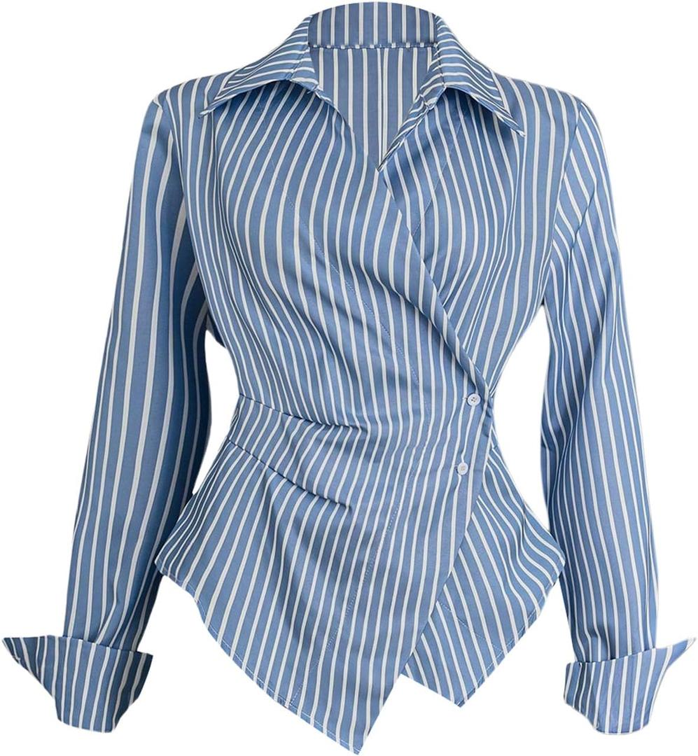 GORGLITTER Women's Striped Wrap Button Up Shirt Tops Long Sleeve Collar Work Office Blouse (Large, Blue)