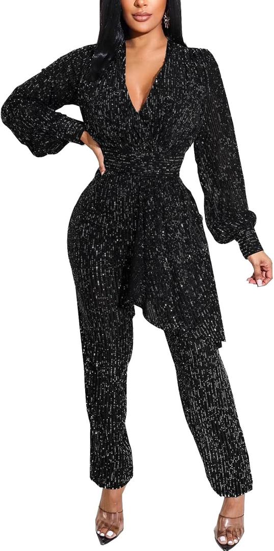 DinyIn Women's Sparkly Jumpsuits Clubwear One Piece Deep V Neck Long Sleeve Pants Rompers with Belt (X-Large)
