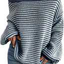 Women's Oversized Striped Sweater Casual Off The Shoulder Sweater Fall Long Sleeve Loose Knit Pullover Jumper Tops (Blue)