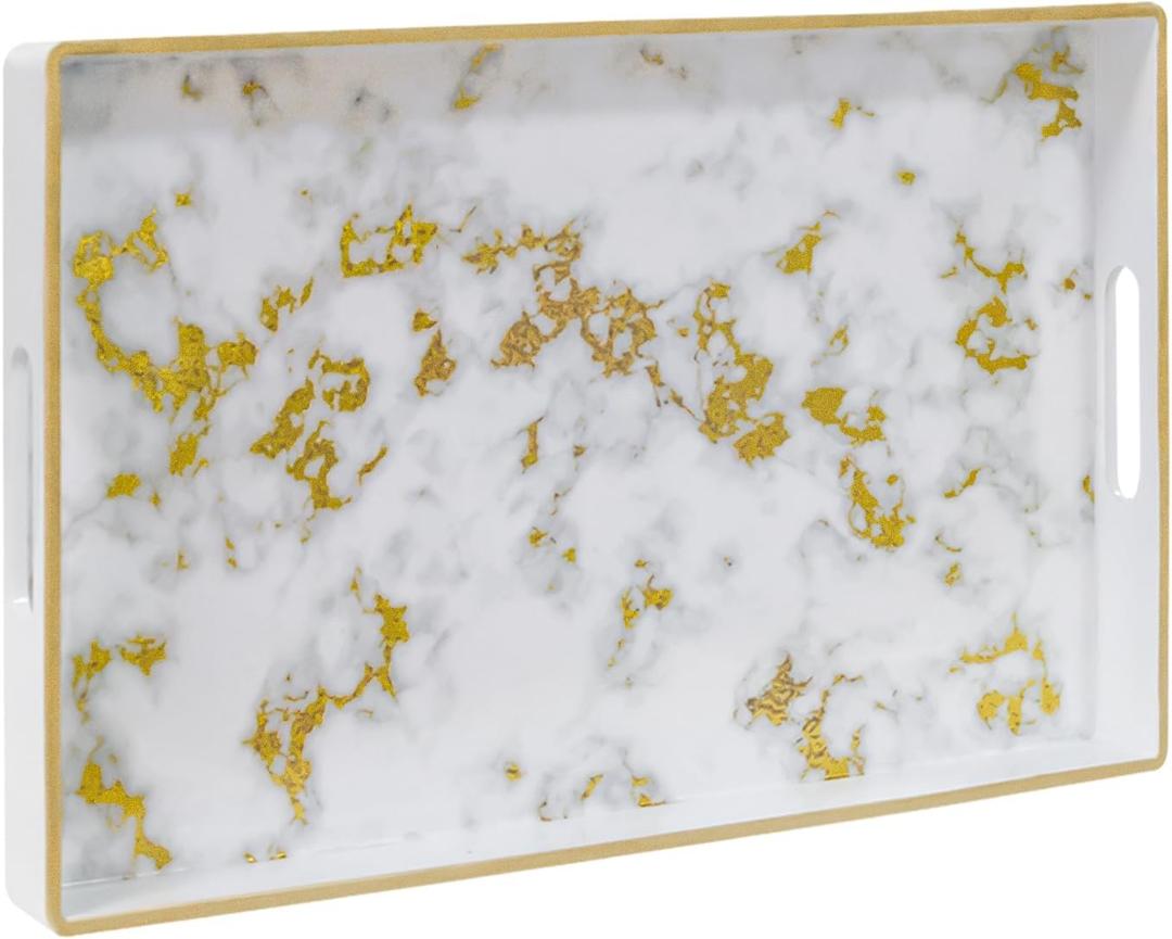 MAONAME White Decorative Tray with Handles, Plastic Serving Tray for Coffee Table, Marbling Rectangular Trays for Ottoman, Bathroom, Storage, 15.8" Lx 10.2" W X 1.4" H