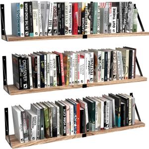 Floating Book Shelves Set of 3, Wall Bookshelf, 33 inch Long Wood Shelf for Wall Storage, Hanging Shelving for Bedroom, Bathroom, Living Room, Kitchen, Office and Plants (Light Brown)