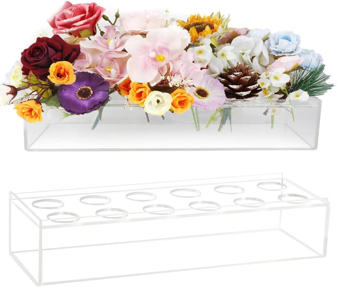 Flower Vase Acrylic Rectangular Floral Centerpiece for Dining Table, Long Rectangle Vase Decorative Clear Vase for Home and Weddings Decor - Flowers not Included