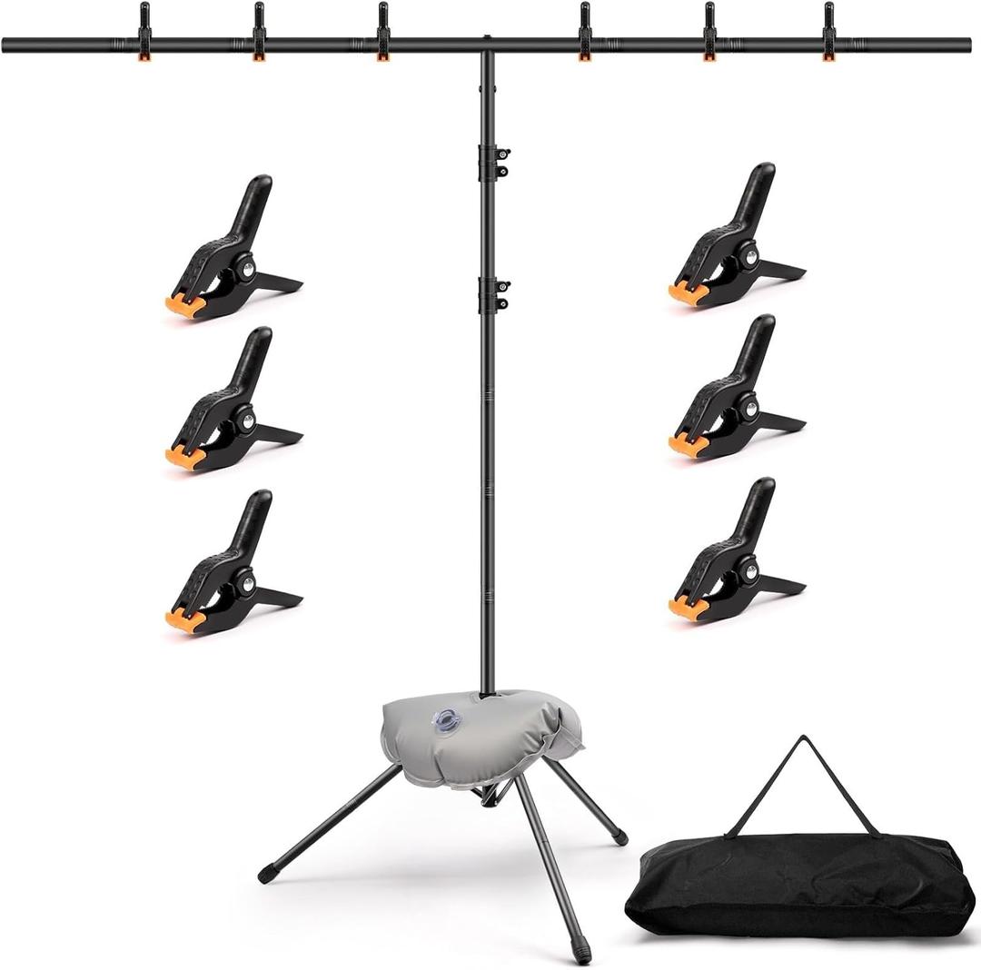 T-Shape Backdrop Stand Kit - 8 x 5.3ft Adjustable Photo Backdrop Stand - Portable Sturdy Back Drop Stand for Photoshoots, Parties, Wedding and Decoration with 6 Spring Clamps, Sandbag, Carry Bag