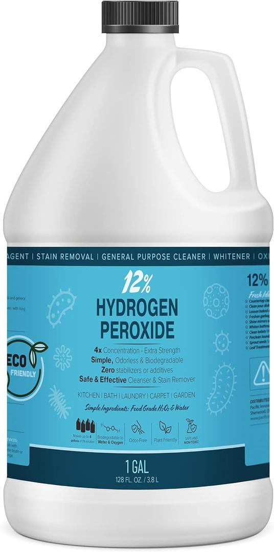 12% Hydrogen Peroxide Solution - 1 Gallon Ecofriendly Natural Cleaning Solution for Kitchen, Bath, Laundry, and Home - HDPE Jug with Child-Safe Cap Made in USA, 128 Oz/ 3.8 L